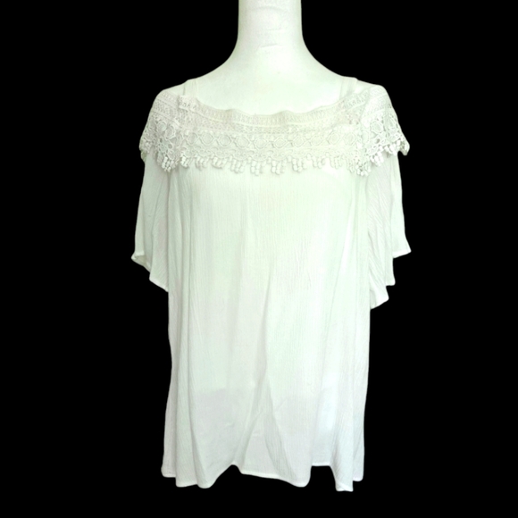Hailey Lyn cold shoulder lined short sleeve lace trim key hole back size L - Picture 1 of 6